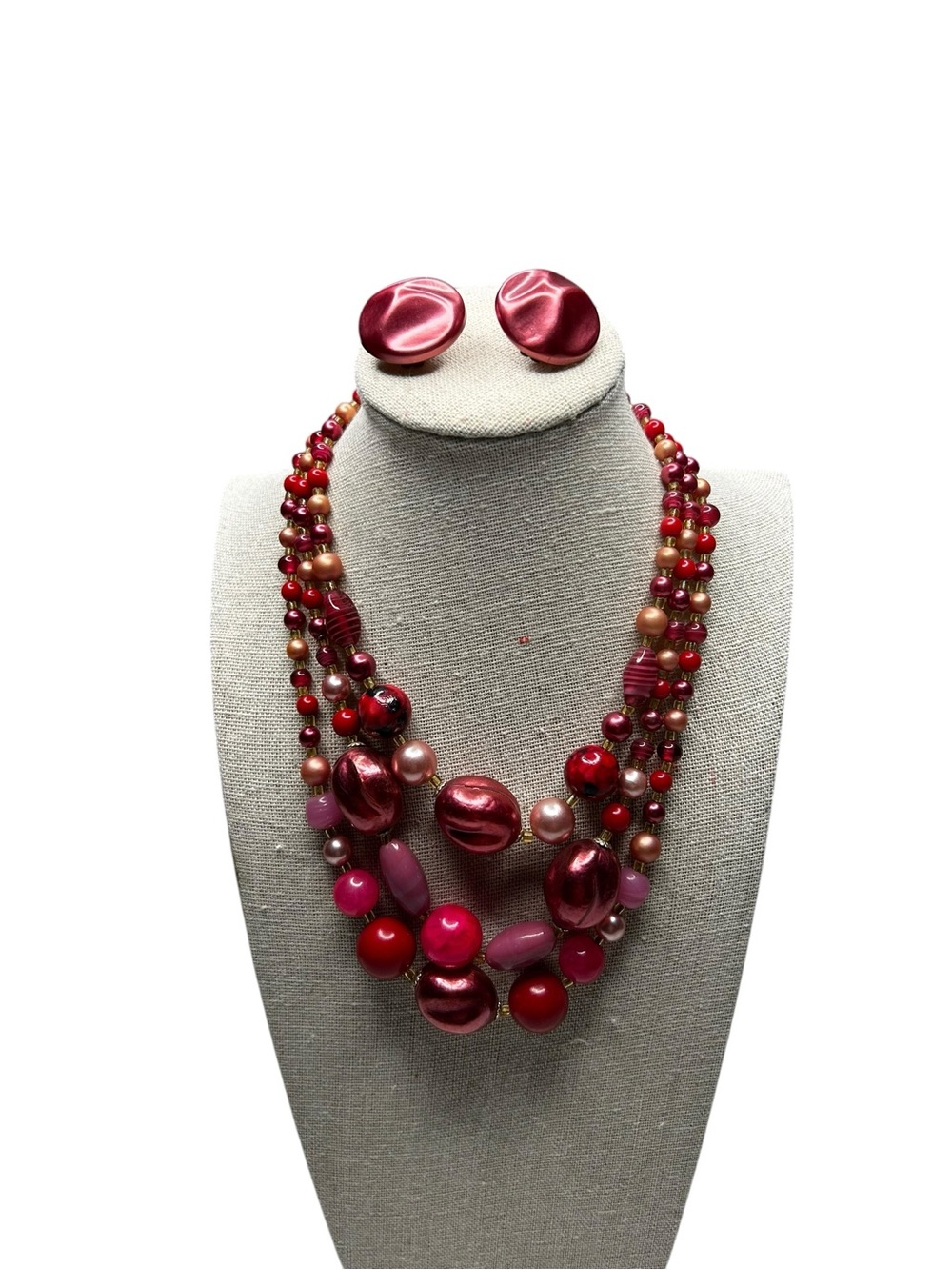 Vintage Made in Japan 3-Strand Bead Necklace Clip Earrings Set Pink
